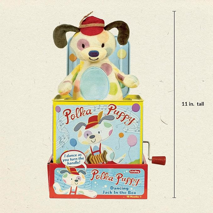 Schylling Polka Puppy Jack in the Box - Classic Children's Musical Toy that Dances - Colorful Embossed Tin Box and Lovable Puppy Plush - Age 18 months and Up