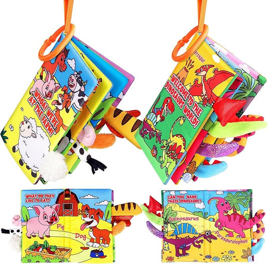 Helsort Soft Baby Books for 0-18 Months, 2PCS Crinkle Cloth Book - Dinosaur and Farm Themes, Tummy Time Toys for Infants 0-6-12-18 Months, Sensory Books for Babies, Ideal Christmas