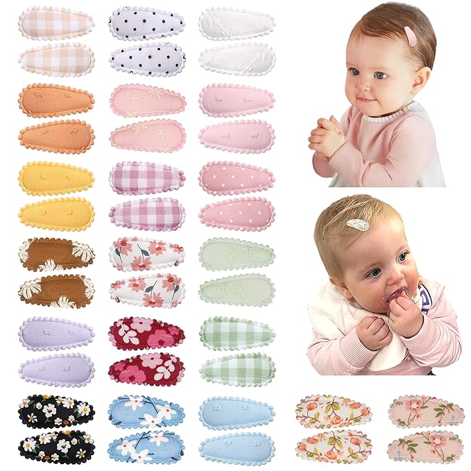 40 PCS Snap Hair Clips Flower Pattern for Fine Hair - 1.5 inches Wrapped Mini Barrettes and Hair Accessories for Infants and Toddlers (20 Colors in Pair)
