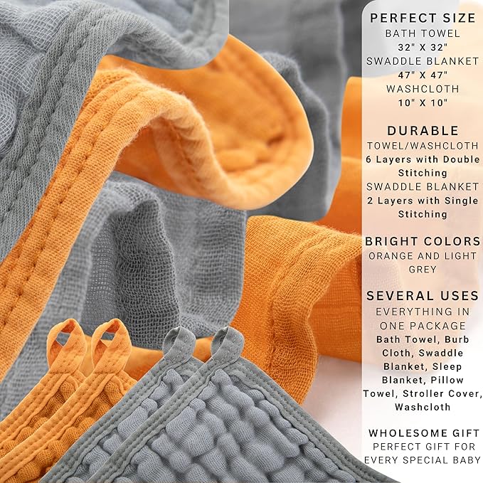 Tidy and Cozy Baby Essentials Set - Muslin Cotton and Viscose Derived from Bamboo - Hooded Bath Towels, Swaddle Blankets, Wash Cloths - Extra Soft & Highly Absorbent for Newborns, Infants, Toddlers