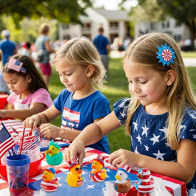JOYIN 24 Pcs Patriotic Rubber Ducks, Red White Blue 4th of July Bulk Ducks with 8 Designs, Independence Day Duck with Flag Prints, Patriotic Party Favor Gift Bath Toy Supply for Kids Toddlers