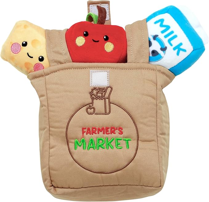 4 Piece Plush Farmer's Market Play Set with Sensory Toys for Baby, Multicolored, 6 inch Grocery Bag with 3 Foods