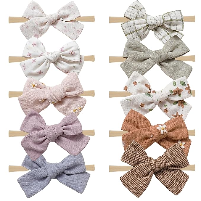 Baby Girl Bows and Headbands,10 pcs Stretchy Soft Nylon Hairbands Hair Bows for Newborns, Infants, Toddlers - Handmade Baby Hair Accessories for Girls Gifts
