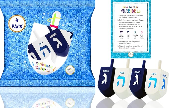4-Pack Hanukkah Dreidel Extra Large Blue & White 3" Inch Wooden Dreidels Hand Painted, Includes Game Instruction Cards! (4-Pack XL Dreidels)