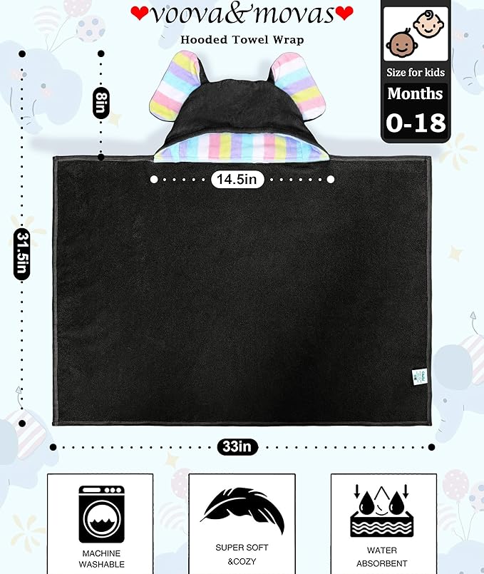 VOOVA & MOVAS Cute Elephant Ears Baby Hooded Bath Towel – Super Absorbent, 420GSM, 100% Cotton – 33" x 31.5", Thick – for 0–18 Months Newborn, Infant, Toddler – Baby Essentials, Black