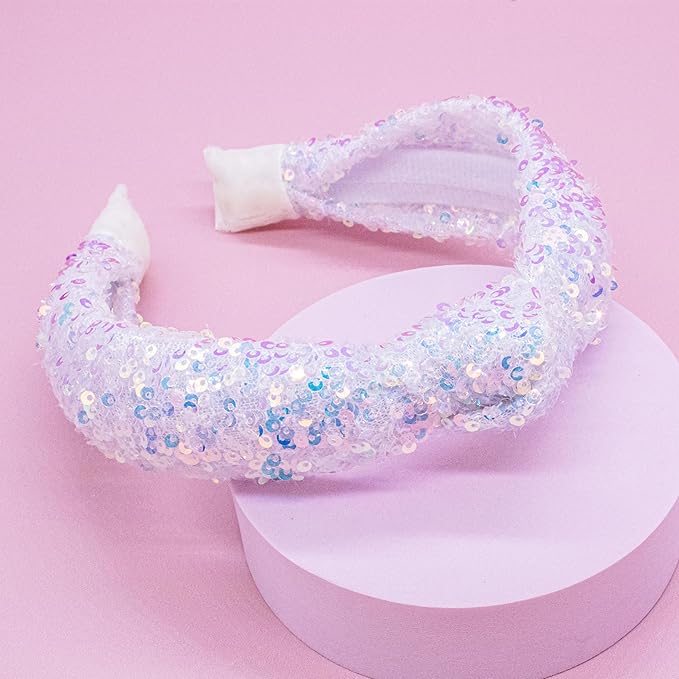 FROG SAC Sequin Knot Headband for Girls, White Knotted Hair Bands Accessories for Kids, Sparkly Iridescent Little Girl Headbands, Cute Fashion Hairbands for Tweens Stocking Stuffers for Children