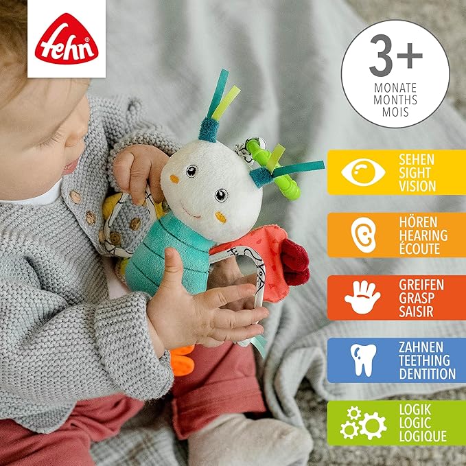 Fehn Activity-Schmetterling – Motorikspielzeug für Stroller, Kinderbett & Babyschale – zum Beißen, Greifen, Geräusche erzeugen – für Babys & Kinder ab 3+ Monaten