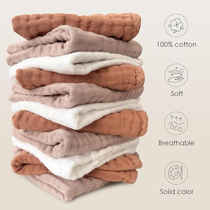 Sunny zzzZZ Baby Muslin Washcloths -100% Cotton Muslin Soft Absorbent Large Baby Bath Wash Cloths for Newborns Kids Girls and Boys -12 Pack, 12x12 Inches - White+Light Bean Paste Series