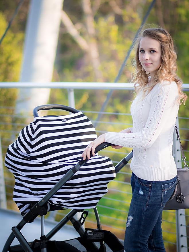 JLIKA Baby Car Seat Covers - Stretchy Infant Canopy and Nursing cover for breastfeeding newborns infants babies girls boys best shower gift maternity apron infinity scarf carseats! (Coral/Navy Stripe)
