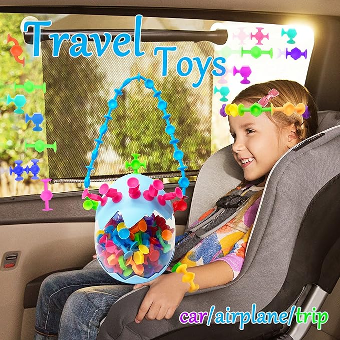 100pcs Suction Bath Toys for Kids, Easter Stocking Stuffers Silicone Construction Building Blocks Montessori Sensory Toy for 3 4 5 6 7 8 Years Old Toddlers Boys Girls with Egg Storage