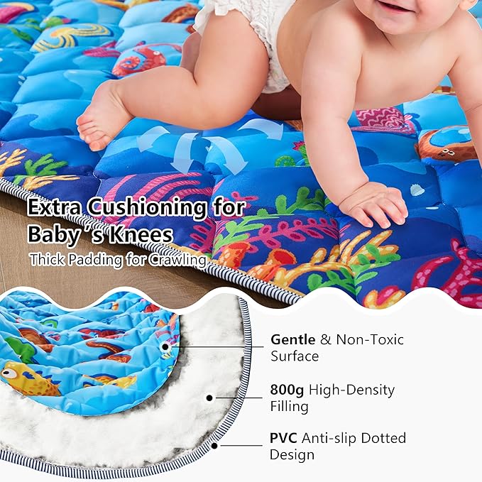 Baby Play Mat for Floor - MORAIS 50x50 Inch with 800g Filling Thickened Crawling Mat for Playpen, Cushioned Playpen Mat with Anti-Slip Bottom and Animal Alphabet (Ocean Adventure)