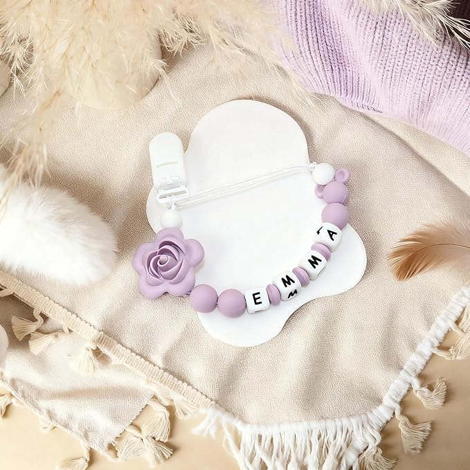 Personalized Pacifier Clip with Name Custom Pacifier Holder with Name Newborn Baby Gift Sets (Flower)
