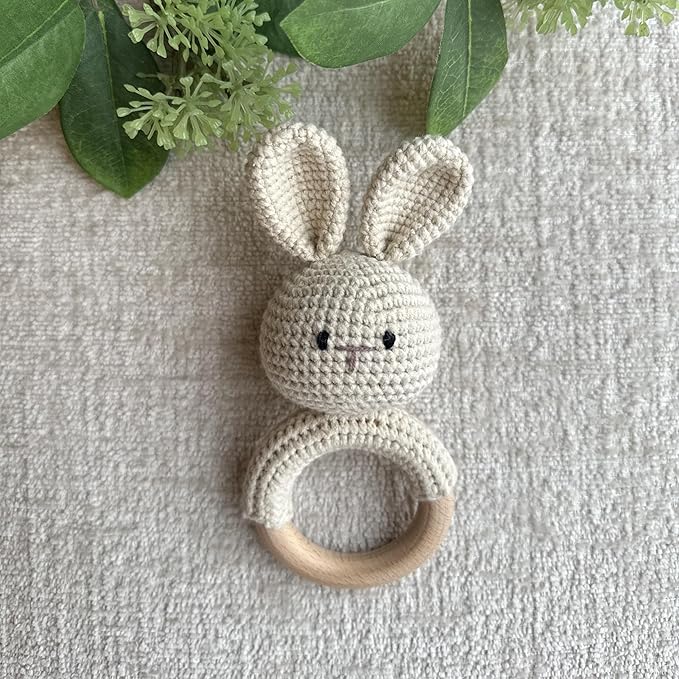 Generic Organic Cotton Handmade Crotchet Bunny Rattle, Toy, teether and Pacifier Holder Baby Shower/Birthday Gift Set., beige