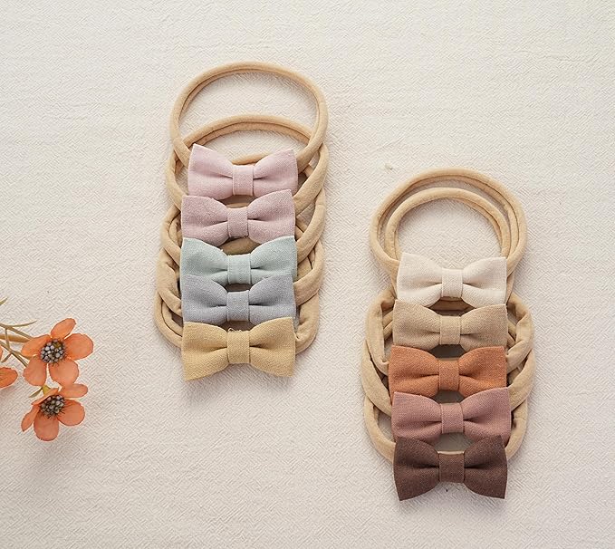 Fancy Clouds Baby Girl Bows and Headbands,10 Pack of Stretchy Soft Nylon Hairbands Hair Bows for Newborns, Infants, Toddlers - Handmade Baby Hair Accessories for Girls Gifts Photo