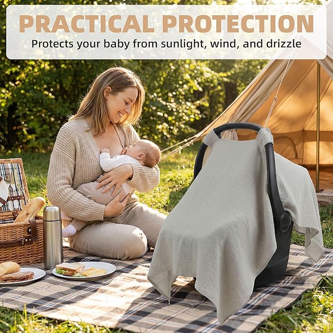 Muslin Cotton Car Seat Cover Baby, Infant Car Seat Cover & Canopy, Universal Fit Stroller Cover for Boys & Girls, Breathable Sunshade Protection (Summer Wheat)