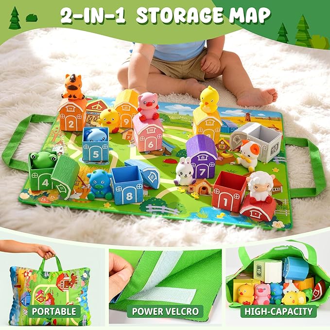 Montessori Toys for Toddlers, 21Pcs Farm Toys with Storage Bags/Playmat Counting, Matching, Sorting Preschool Learning Toy Including 10 Animal Finger Puppets Birthday Gift