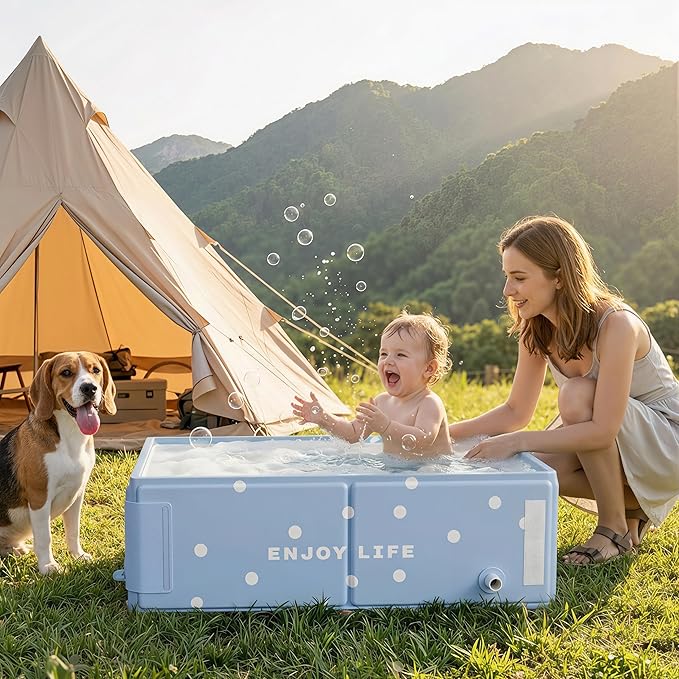 Collapsible Baby Bathtub for Newborn to Toddler, Foldable Toddler Bathtub with Drain Plug, Non-Slip Portable Infant Bath Tub for Travel Storage Outdoor Use, Milk Blue