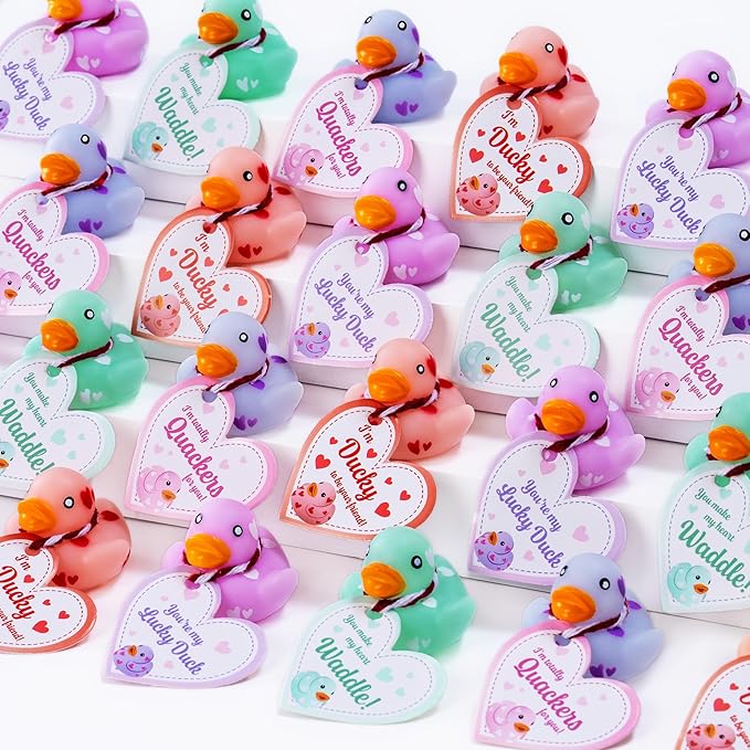 JOYIN 36 Pcs Valentine’s Day Mini Rubber Ducks with Cards for Kids, 4 Colors Duckies Bath Toys with 4 Card Designs for Classroom Exchange Prizes, Valentine Party Favors Toys