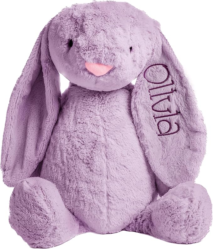 Personalized Super Soft Plush Bunny - Stuffed Animal Toy for Kids - Custom Gift with Embroidered Name on Ear for Easter, (Purple, Large)