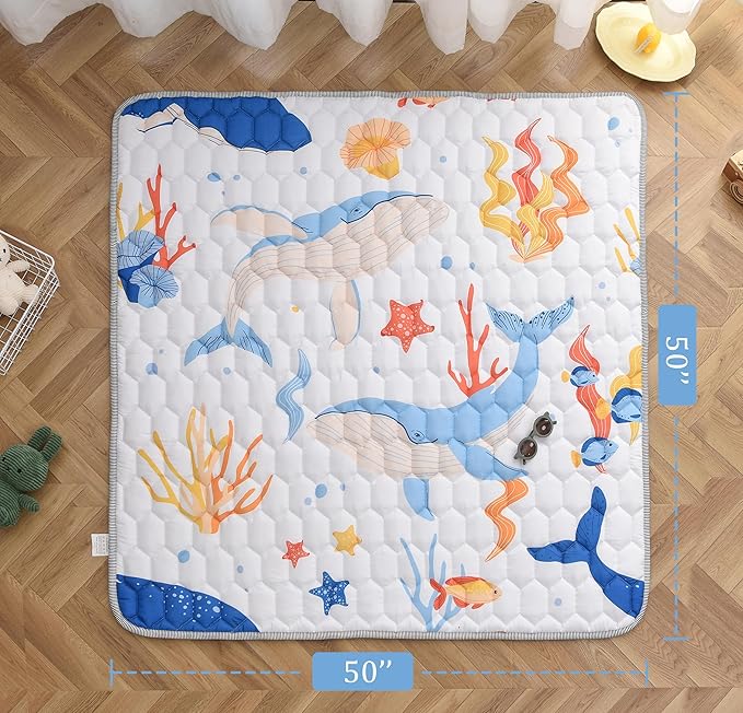 TADO MUSLIN Baby Play Mat 50x50 Inch, Thickened Soft Floor Mat for Playpen, Machine Washable Foam Crawling Mat with Non-Slip Bottom for Babies and Toddlers, Foldable Padded Playmat