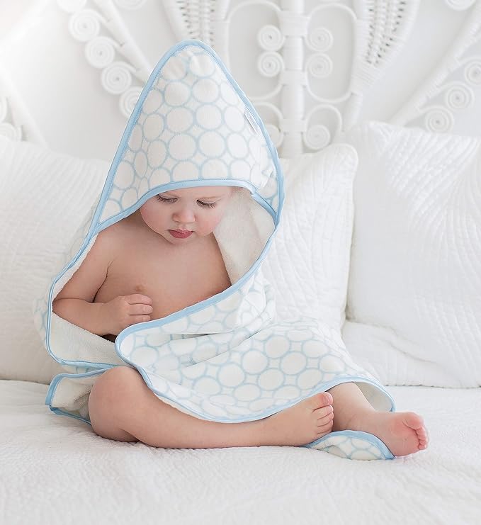 SwaddleDesigns Organic Cotton Terry Velour Hooded Towel for Baby/Toddler, Absorbent with Satin Trim, Absorbent with Satin Trim, Pastel Blue Mod Circles
