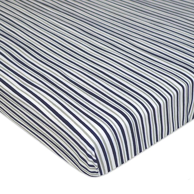 American Baby Company 2 Pack 100% Natural Cotton Fitted Pack and Play Sheets 39" x 27" - Soft & Breathable Pack N Play Sheets for Playard & Mini Crib Mattress, Navy/Grey Sport Stripes, for Boy & Girl