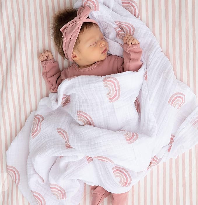 Ely’s & Co. Waterproof Pack and Play/Mini Crib Sheets – All-in-One Mattress Protector and Fitted Playard Sheets – Jersey Cotton – Mauve Pink Splash & Stripes, Baby Girl Nursery Bedding – 2-Pack