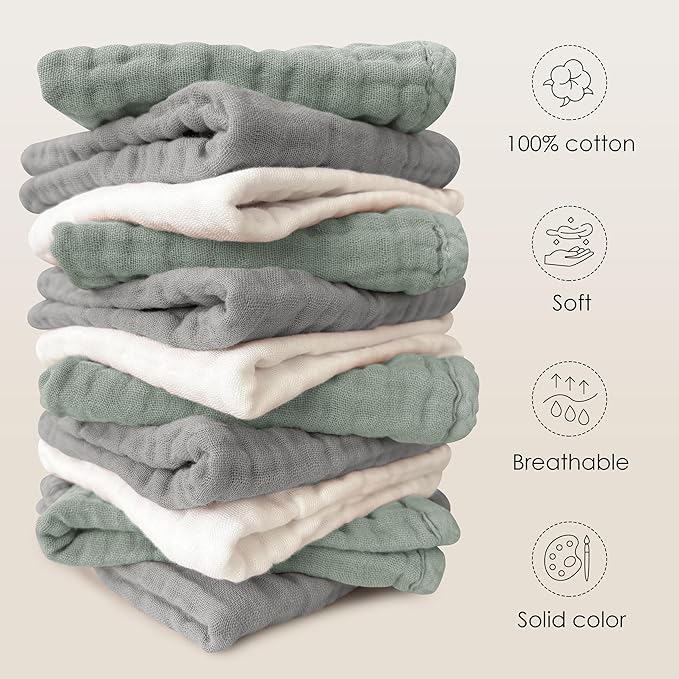 Sunny zzzZZ Baby Muslin Washcloths -100% Cotton Muslin Soft Baby Bath Wash Cloths and Absorbent Burp Cloths for Newborns Kids Girls and Boys -12 Pack, 12x12 Inches - White+Green+Grey