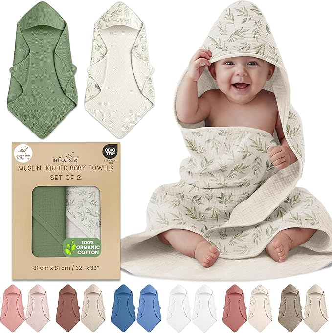 100% Organic Cotton Muslin Baby Hooded Towels 32x32 Inch – 2 Pack Soft & Absorbent Baby Hooded Towel Wrap for Boys & Girls, Premium Hooded Towels, Gentle Baby Essentials in Deep Green/Floral