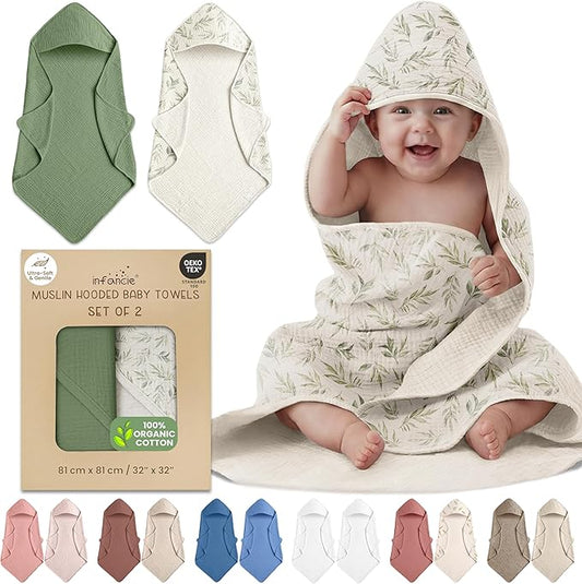 100% Organic Cotton Muslin Baby Hooded Towels 32x32 Inch – 2 Pack Soft & Absorbent Baby Hooded Towel Wrap for Boys & Girls, Premium Hooded Towels, Gentle Baby Essentials in Deep Green/Floral