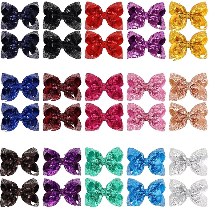 DED 30pcs Sparkly Hair Bows Clips 4 inch Glitter Sequin Bow Alligator Clips Baby Hair Accessories for Baby Girls Children Kids(15 Pair)