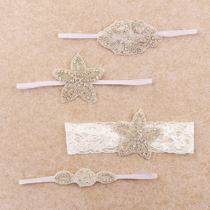 Nishine Girls White Rhinestone Flower Headband Pack Baby Christening Baptism Headband for Baby Shower Wedding Hair Accessories (Lace Star-2 Pack)