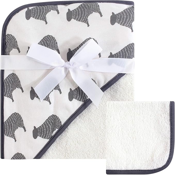 Hudson Baby Unisex Baby Cotton Hooded Towel and Washcloth, Cream Sheep, One Size
