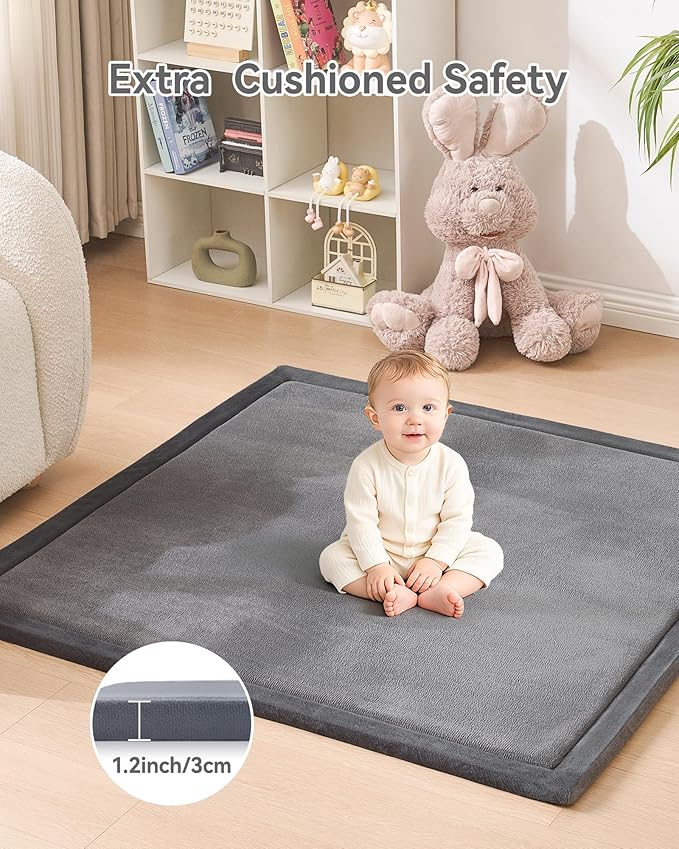 Baby Play Mat for Floor, 1.2" Thick Memory Foam 50"×50" Playpen Mat for Kids, Infants, Toddlers - Soft, Durable Baby Crawling Mat for Tummy Time, Sitting with Non-Slip Bottom (Dark Gray)