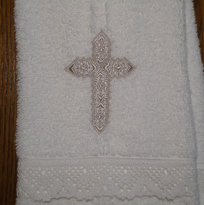 Baby Baptism Towel with Cross Embroidery and Lace