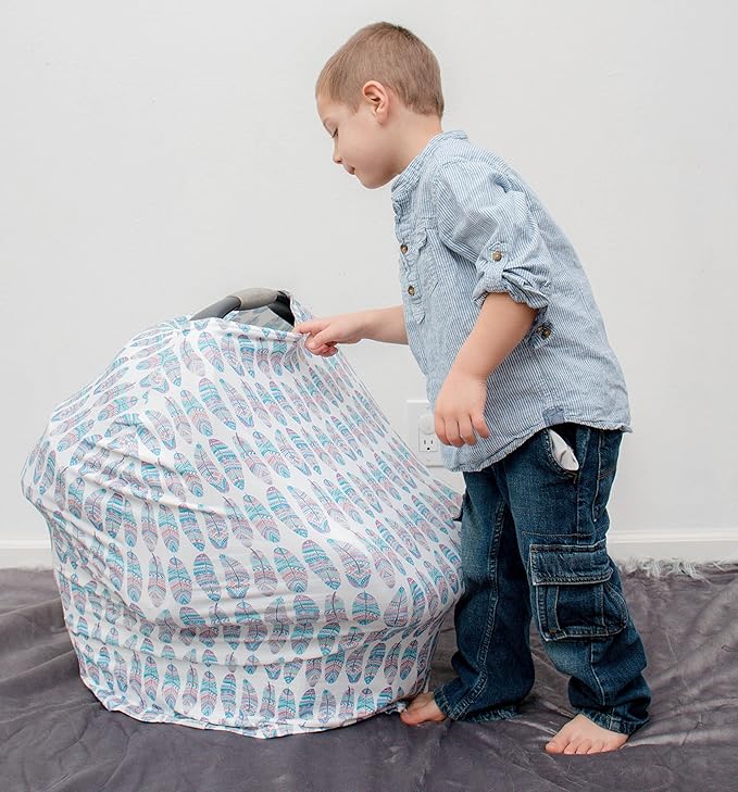 Baby Car Seat & Nursing Cover & Drawstring Carry Bag in Cute Feather Design Shower Gift Breathable Stretchy Universal 4 in 1 Multi-Use Infant Carseat Canopy Covers Shopping Cart High Chair Stroller
