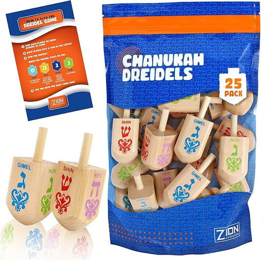 Zion Judaica Large Wood Dreidels Hanukkah Toy Bulk Pack Ziplock Bag 3" Wooden Driedels Natural Wood Spinning Top Dreidlech w/Hebrew Letters and English Transliteration Traditional Chanukah Game 25-PK
