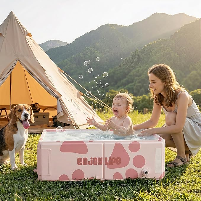 Collapsible Baby Bathtub for Newborn to Toddler, Foldable Toddler Bathtub with Drain Plug, Non-Slip Portable Infant Bath Tub for Travel Storage Outdoor Use, Milk Beige Pink