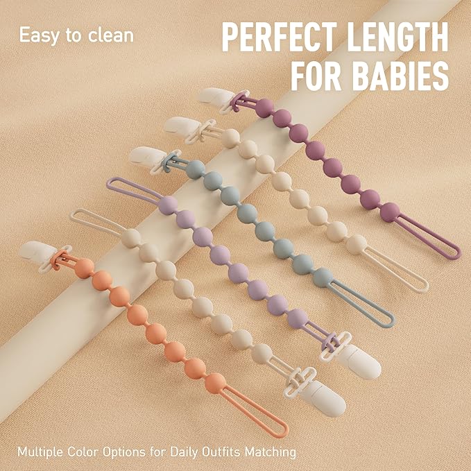 Cuddle Campus Silicone Pacifier Clip Holder with One Piece Design,Soft Flexible Binky Clips with Texture for Baby Boy and Girl Pack of 5 Plastic Clip (0-6m)