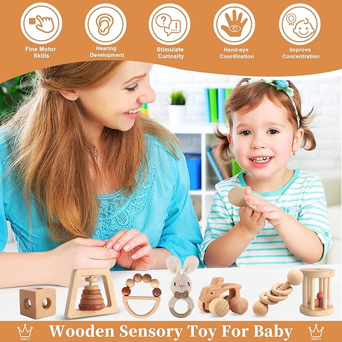 Wooden Toys for Babies, 7PCS Wooden Baby Rattle for 7-24 Months Boys Girls, Natural Wood Montessori Toys Set with Crochet Rabbit Rattle for Infant Grasping, Gift for Baby