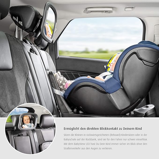 reer BabyView 86101 LED Car Safety Mirror - Your Baby in the Back Seat Always in View, Grey