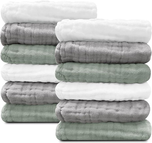 Sunny zzzZZ Baby Muslin Washcloths -100% Cotton Muslin Soft Baby Bath Wash Cloths and Absorbent Burp Cloths for Newborns Kids Girls and Boys -12 Pack, 12x12 Inches - White+Green+Grey