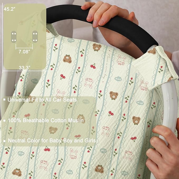 100% Muslin Cotton Car Seat Cover Baby, Carseat Canopy Cover, Universal Fit Stroller Covers for Boys and Girls (Nice Day)