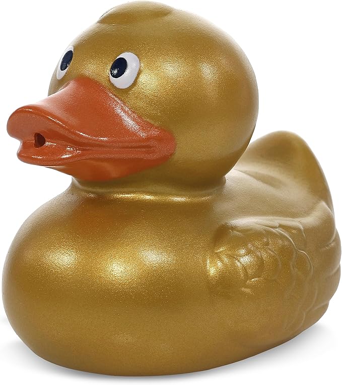 DolliBu Metallic Gold Duck Bath Buddy Squirter - Floating Gold Duck Rubber Bath Toy, Fun Water Squirting Bath Time Play for Toddlers, Animal Toy for Bathtub, Beach, and Pool for Girls and Boys