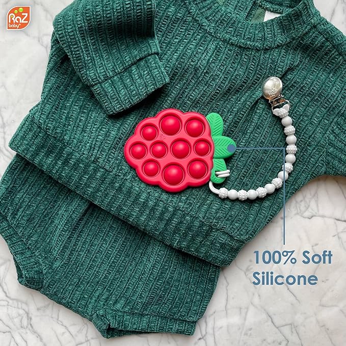 RaZbaby Silicone Infant and Baby Teething Toy Bundle - 3m+ - Soothe Sore Gums Back & Front with Natural Fruit Shape Designs