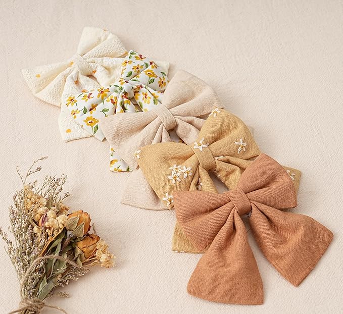 Hair Bows with Hair Clips for Girls Toddler Baby,Handmade 5" Flower Print Embroider Big Bows,FANCY CLOUDS Boutique Hair Accessorioes Gifts for School Kids