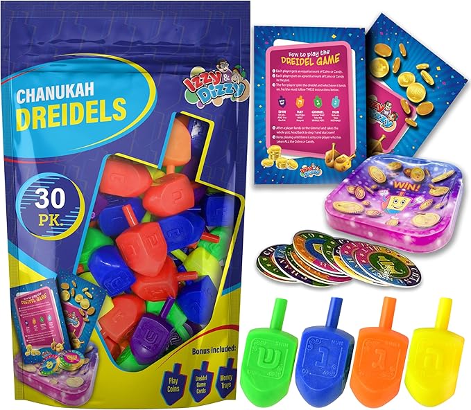 Izzy 'n' Dizzy Medium Dreidels Assorted Colors with Classic Chanukah Spinning Draidel Game, Gift and Prize - Bulk (Pack of 30)