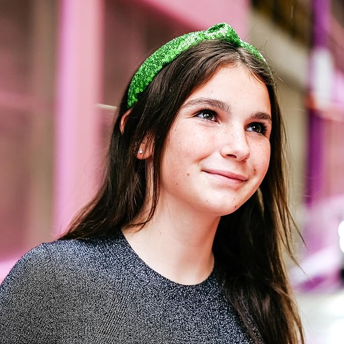 FROG SAC St. Patrick's Day Knot Headband for Girls, Green Sequin Knotted Hair Band Accessories for Kids, Sparkly Iridescent Little Girl Headbands for Children, Cute Sparkle Head Band