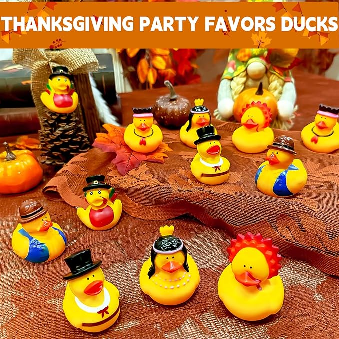 Thanksgiving Rubber Ducks, 12 Pack Turkey Ducks Bulk in 6 Styles Duckies Thanksgiving Party Favor Supplies Gifts for Kids Adults Parade Decorations Bath Duck Toys School Classroom Game Prizes