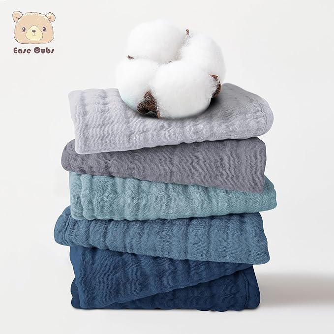 Ease Cubs 12 Pack Muslin Washcloths for Baby - 100% Cotton Baby Wash Cloths for or Baby Face Body Comfy and Soft for Newborn Infants Kids Girls and Boys - 12"x12" - Slate, Grey and Navy Series